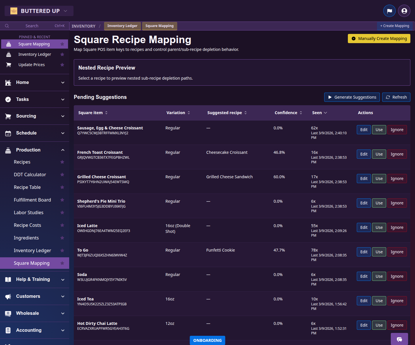 Square mapping page showing approved mappings and suggestion queue