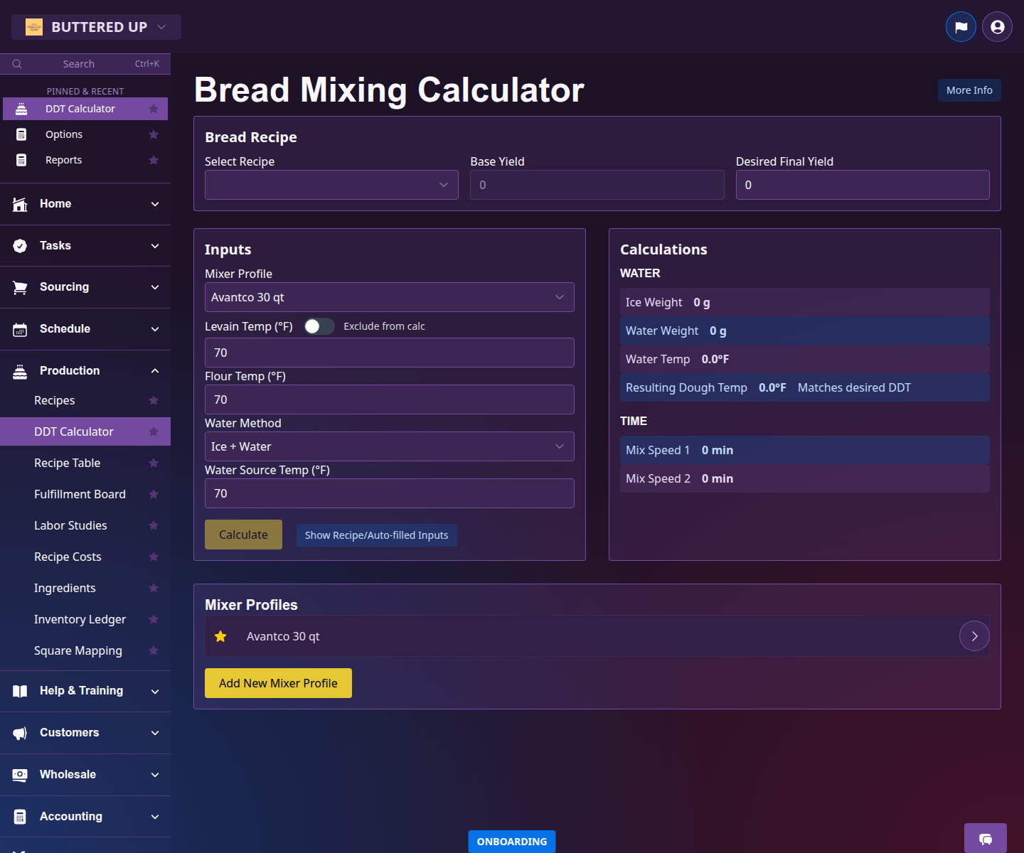 Dough calculator screen with production planning inputs