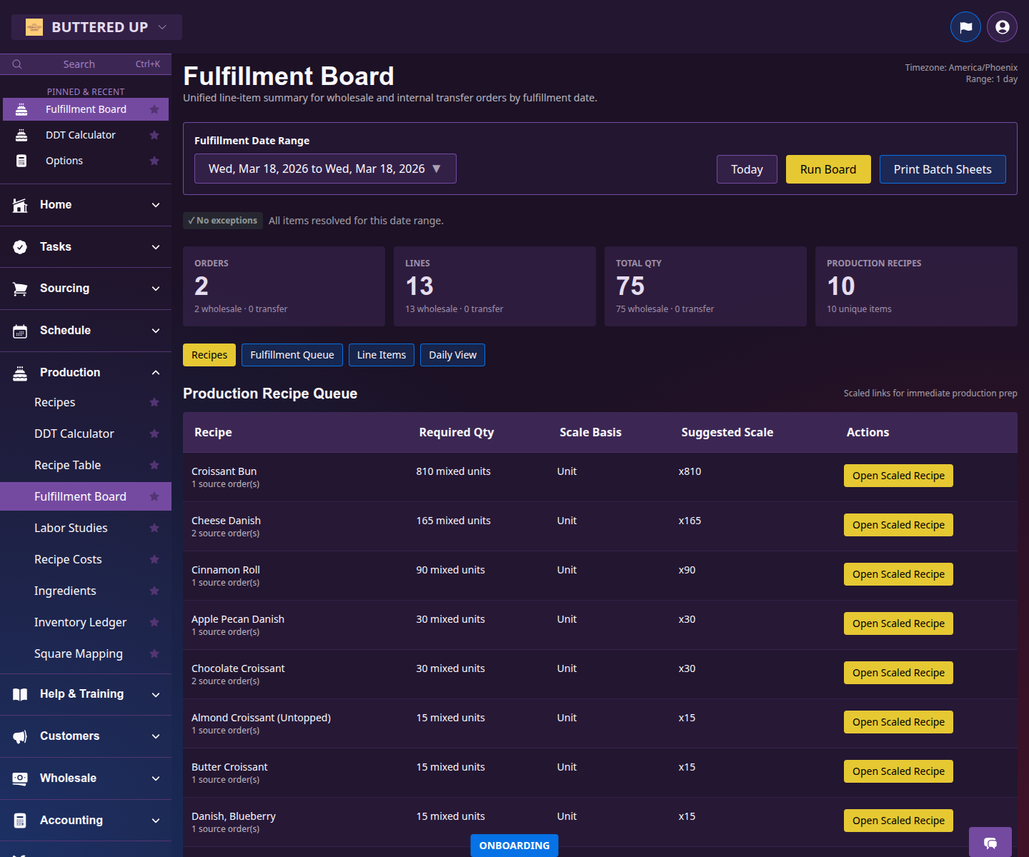 Fulfillment board showing active production items