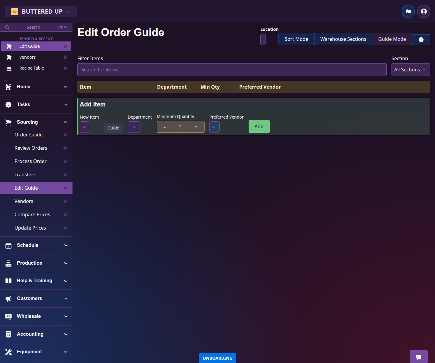 Edit Order Guide screen for updating repeat purchasing patterns