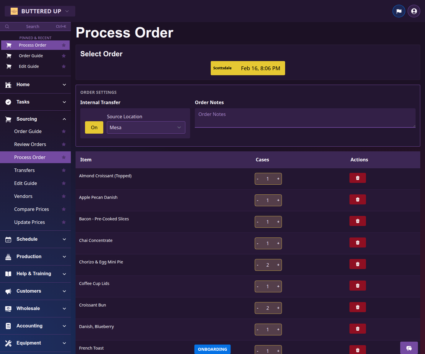 Order Process page for starting new purchase or internal orders