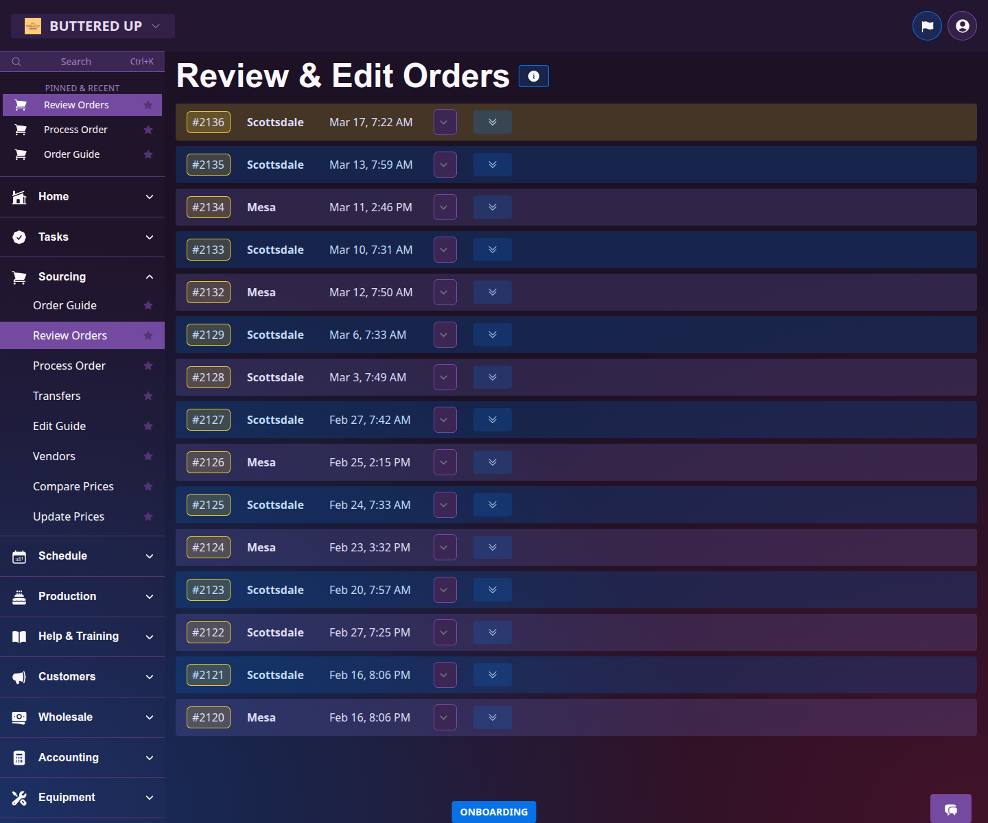 Order Review page showing saved order records