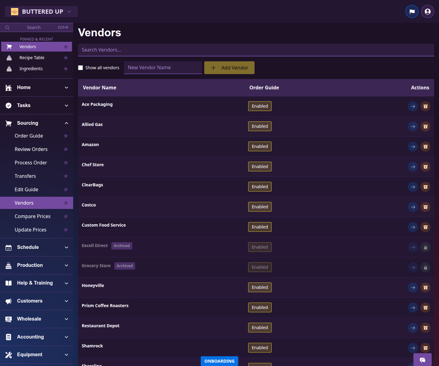 Vendors page listing supplier records