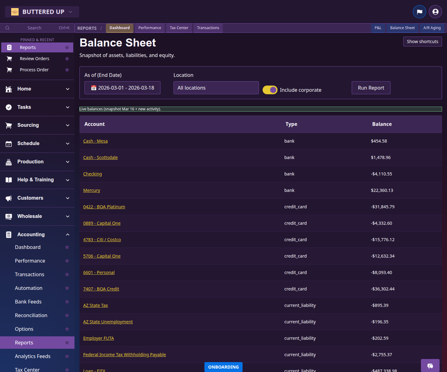 Balance sheet report showing assets, liabilities, and equity