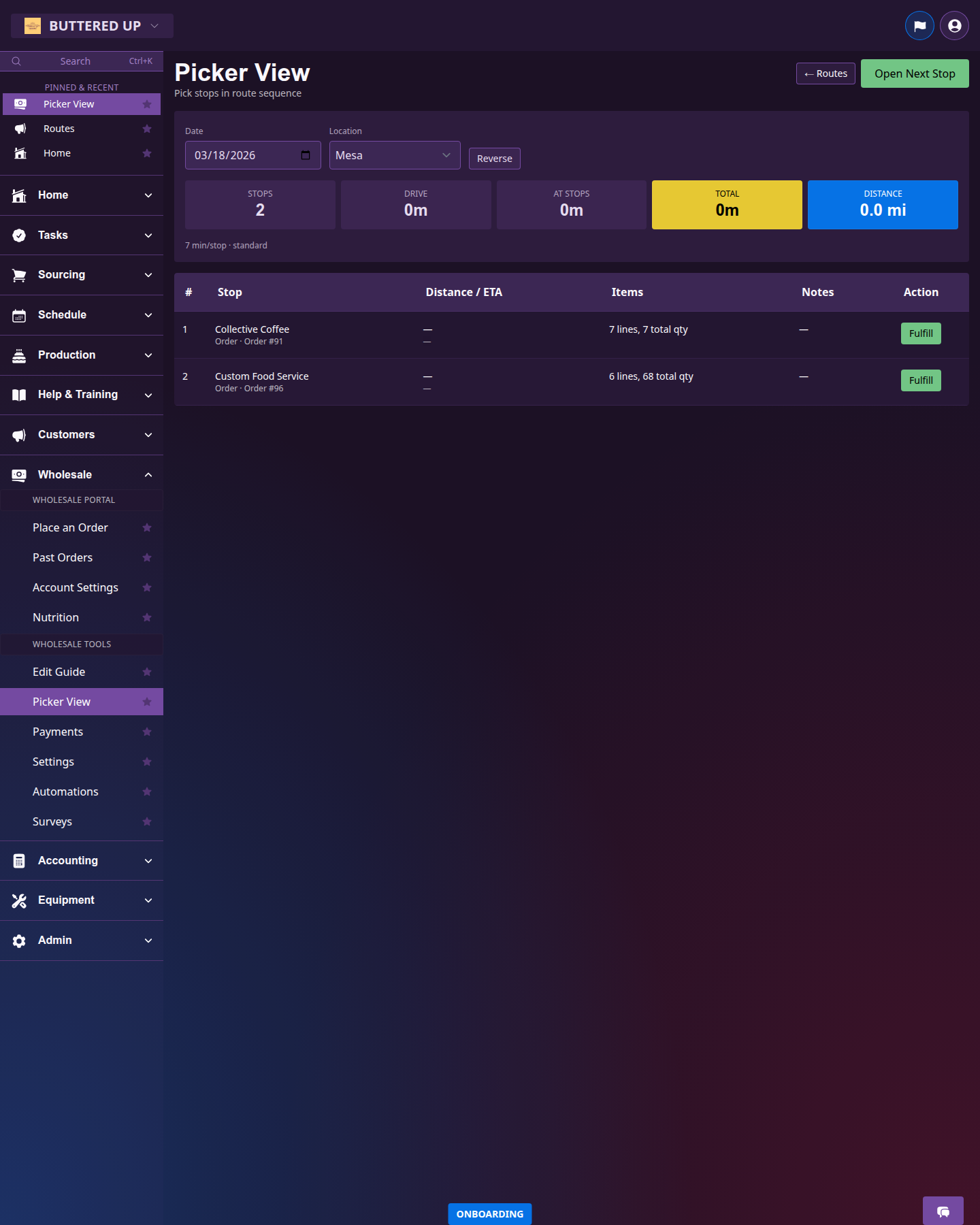 Picker view page with route stops in sequence and fulfill buttons
