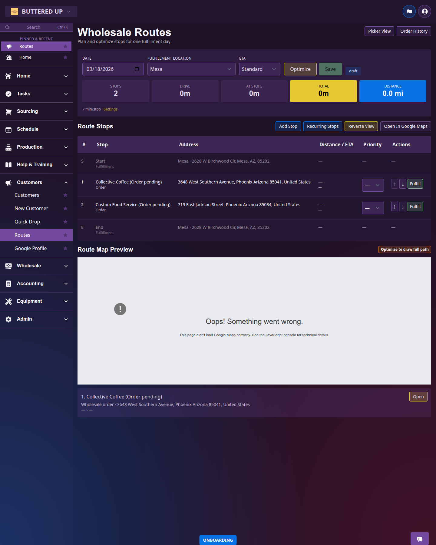Routes page with route stops table, controls, and map preview area