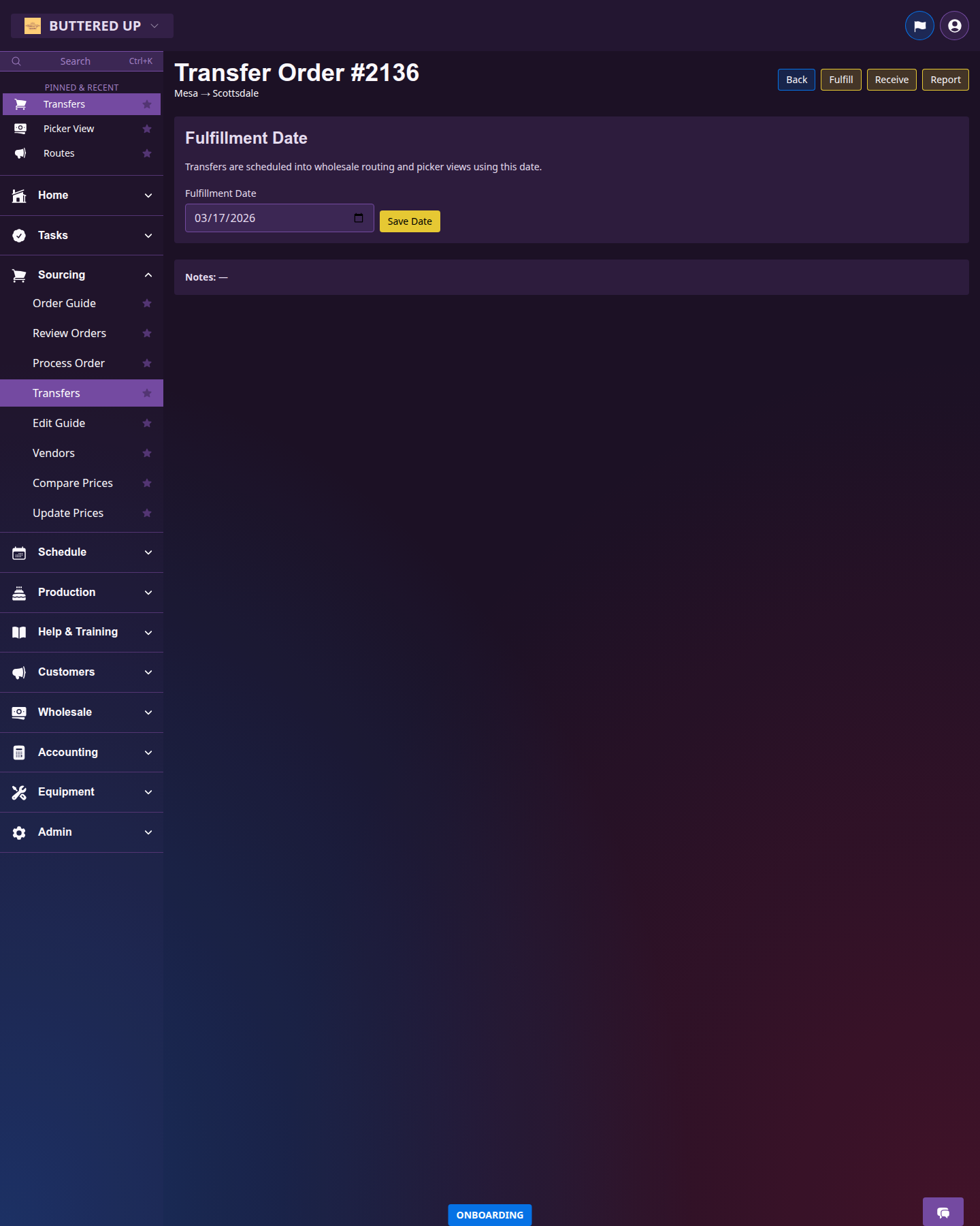 Transfer detail page with fulfillment date and transfer navigation buttons