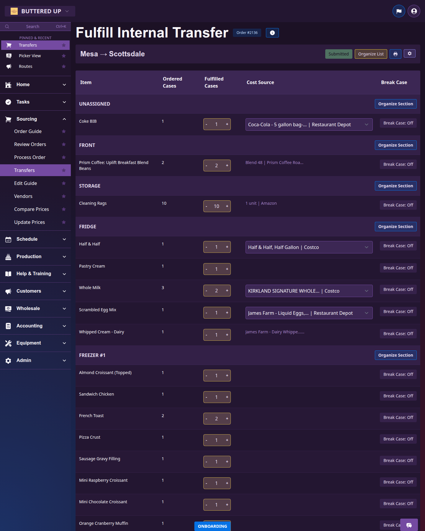 Fulfill Internal Transfer page with fulfilled cases and cost source selectors