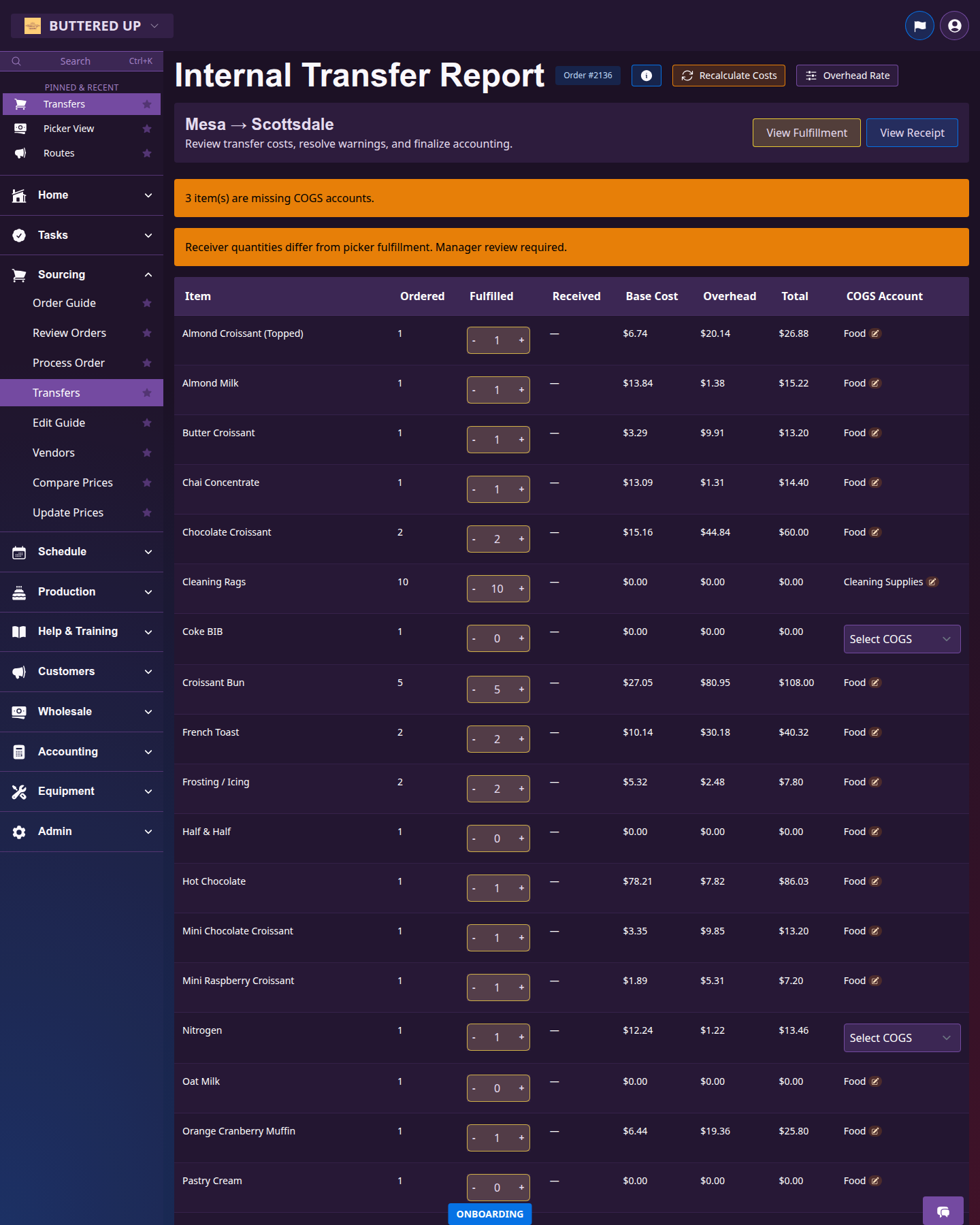 Internal Transfer Report page with warnings, cost table, and finalize actions