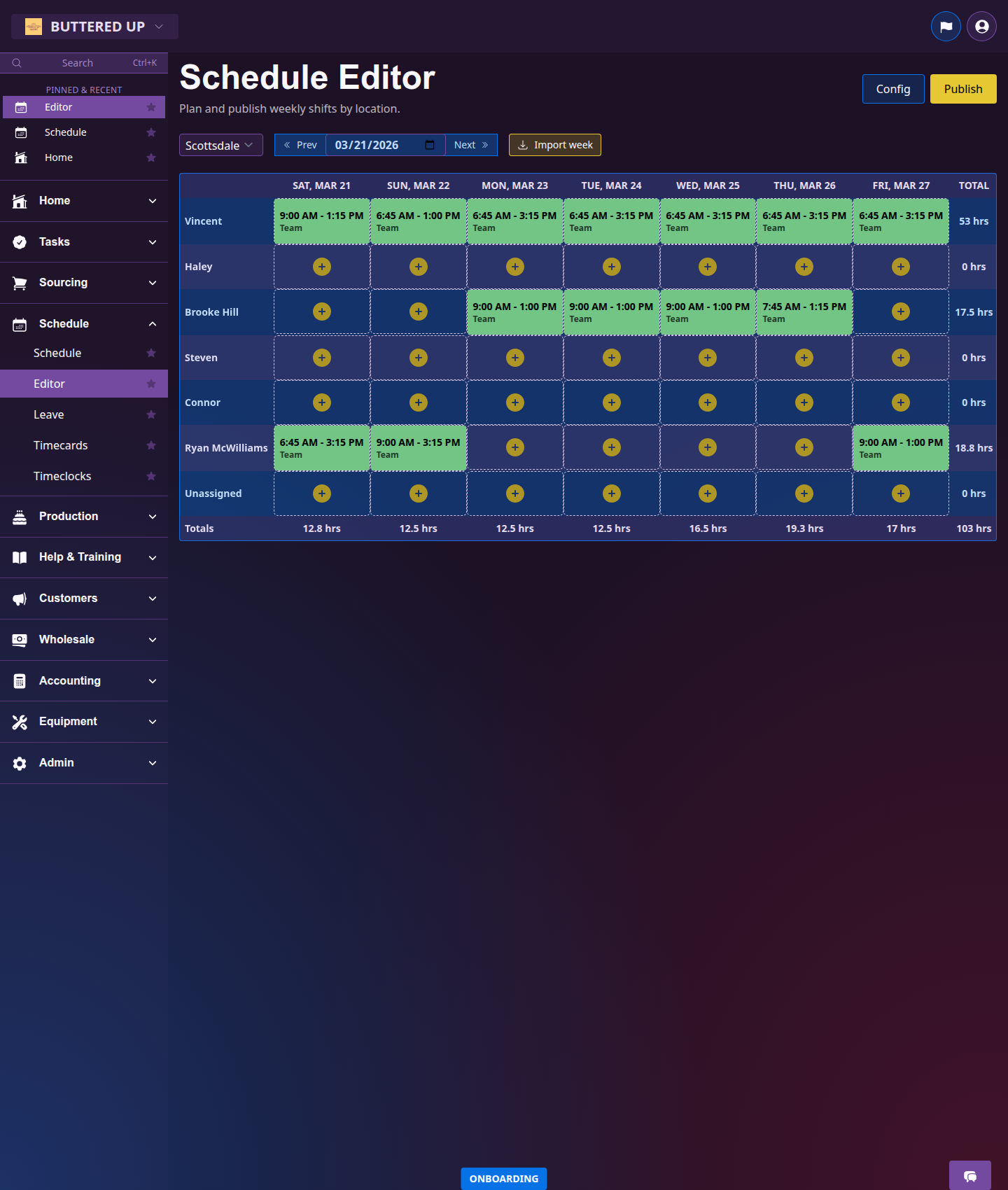 Schedule editor with users on rows and days across columns
