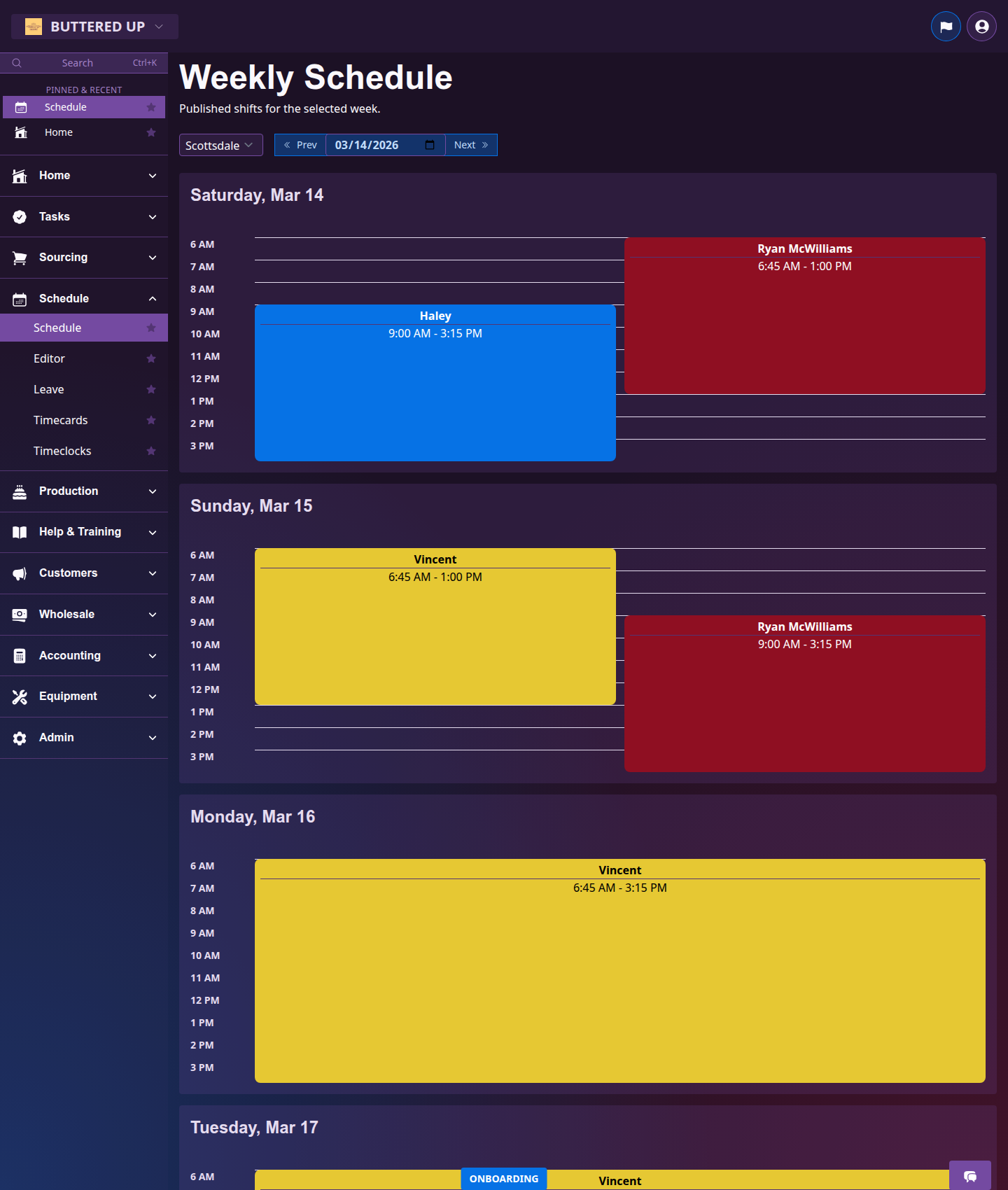 Weekly schedule page with published shift blocks by day