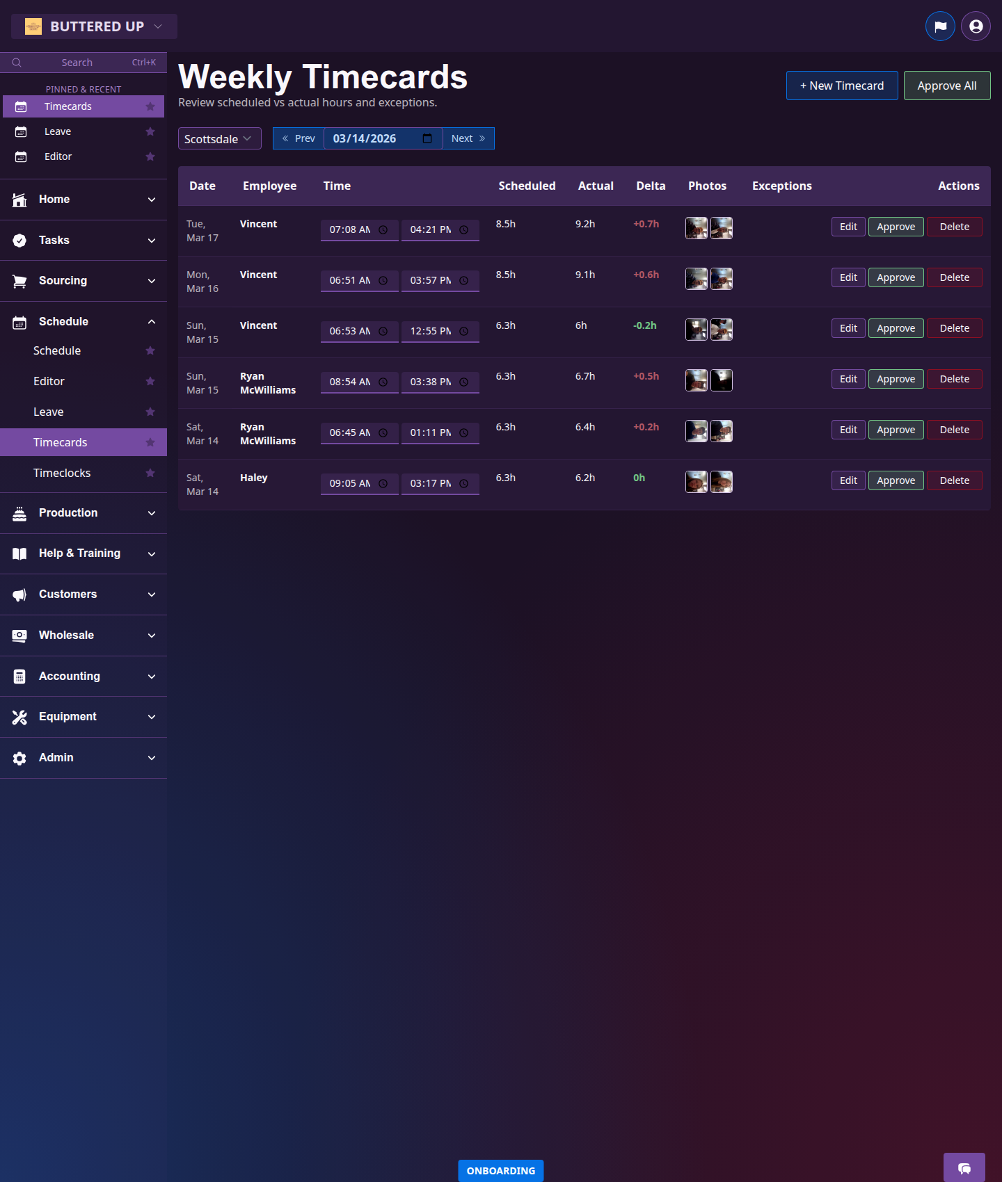Weekly timecards table with scheduled, actual, delta, photos, and actions