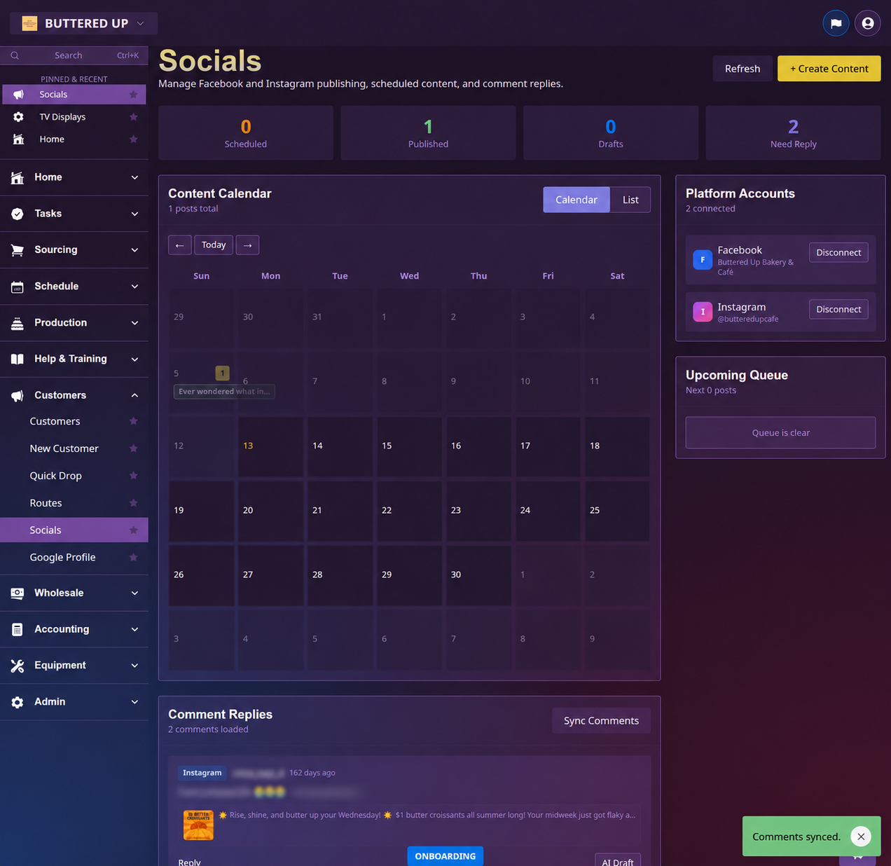 Socials calendar showing bakery business accounts and activity totals, with a third-party commenter handle and message blurred