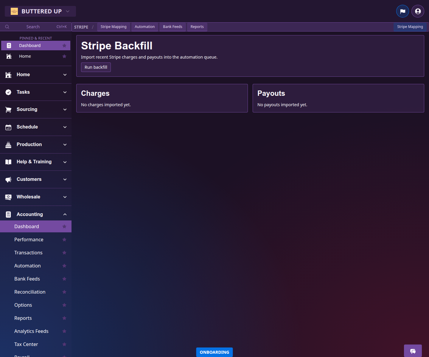 Stripe import page with date range controls