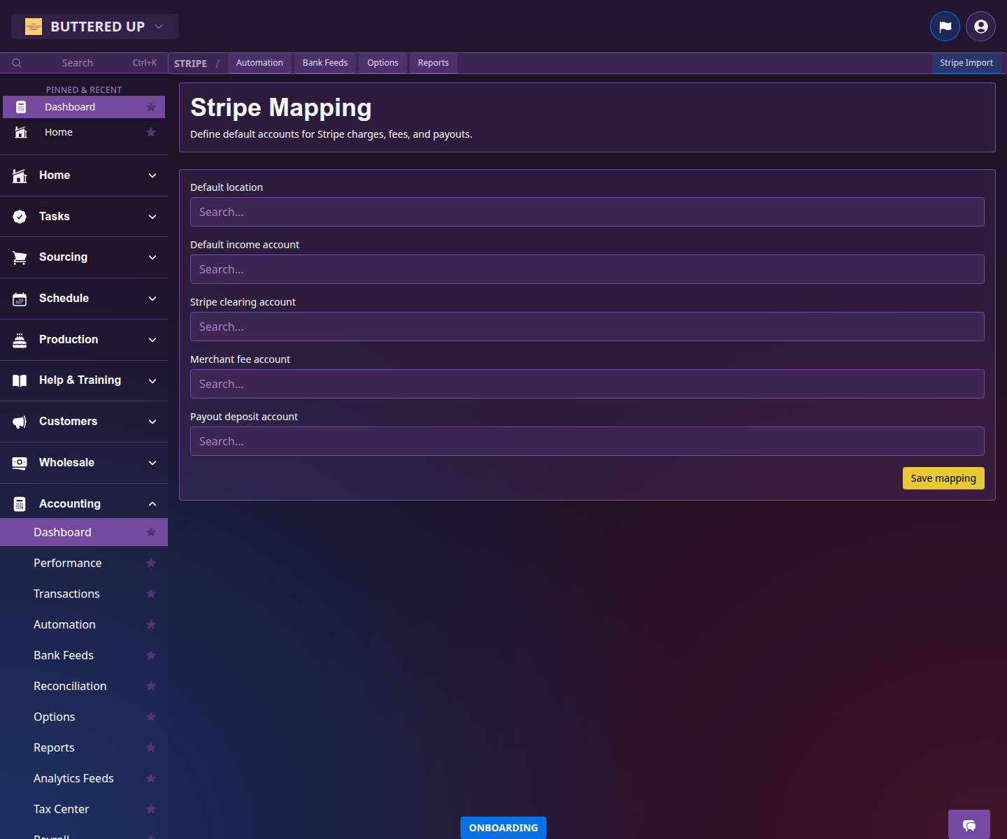Stripe mapping page with payout and fee account settings