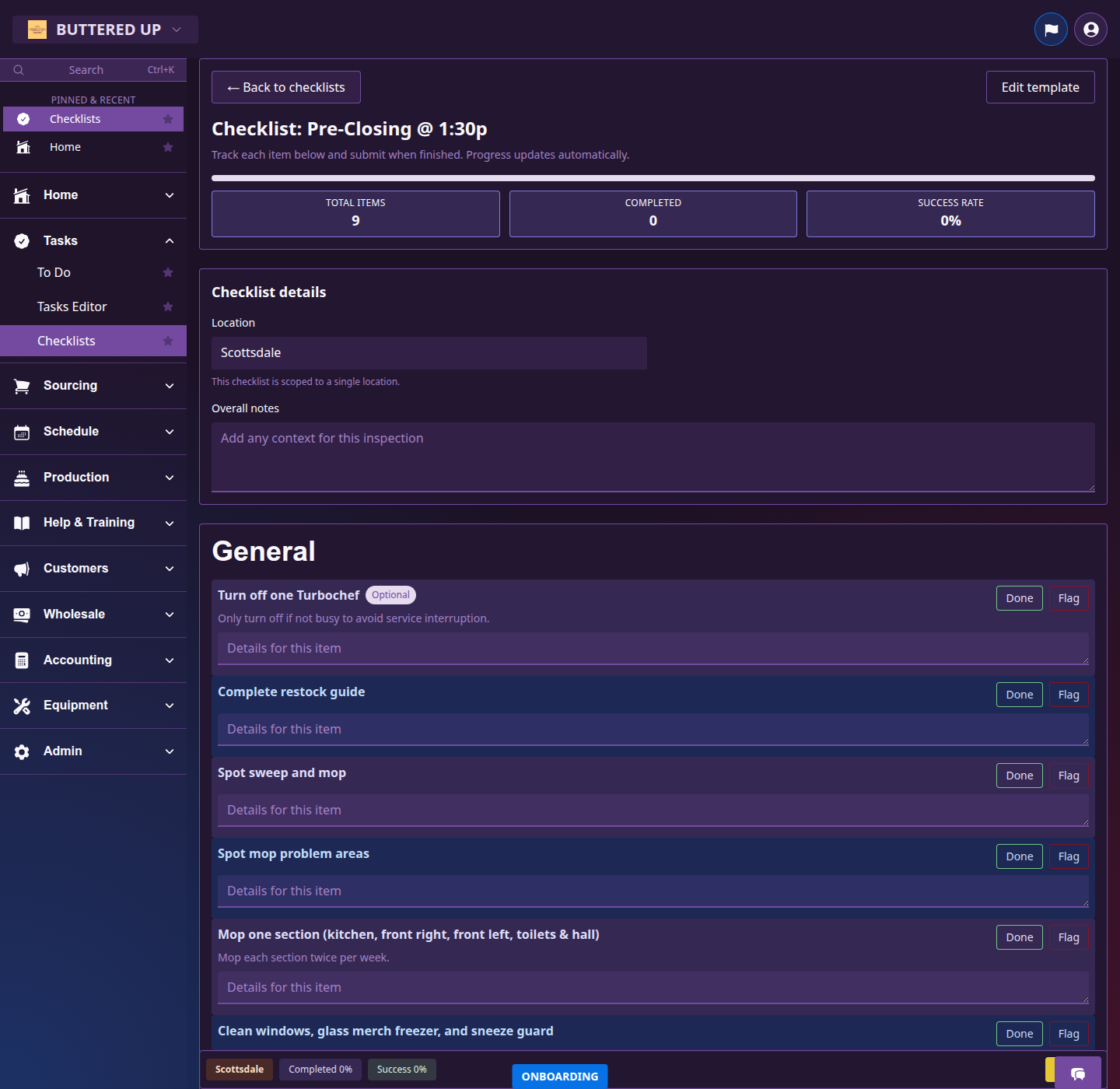 Checklist inspection with item names and Done or Flag actions