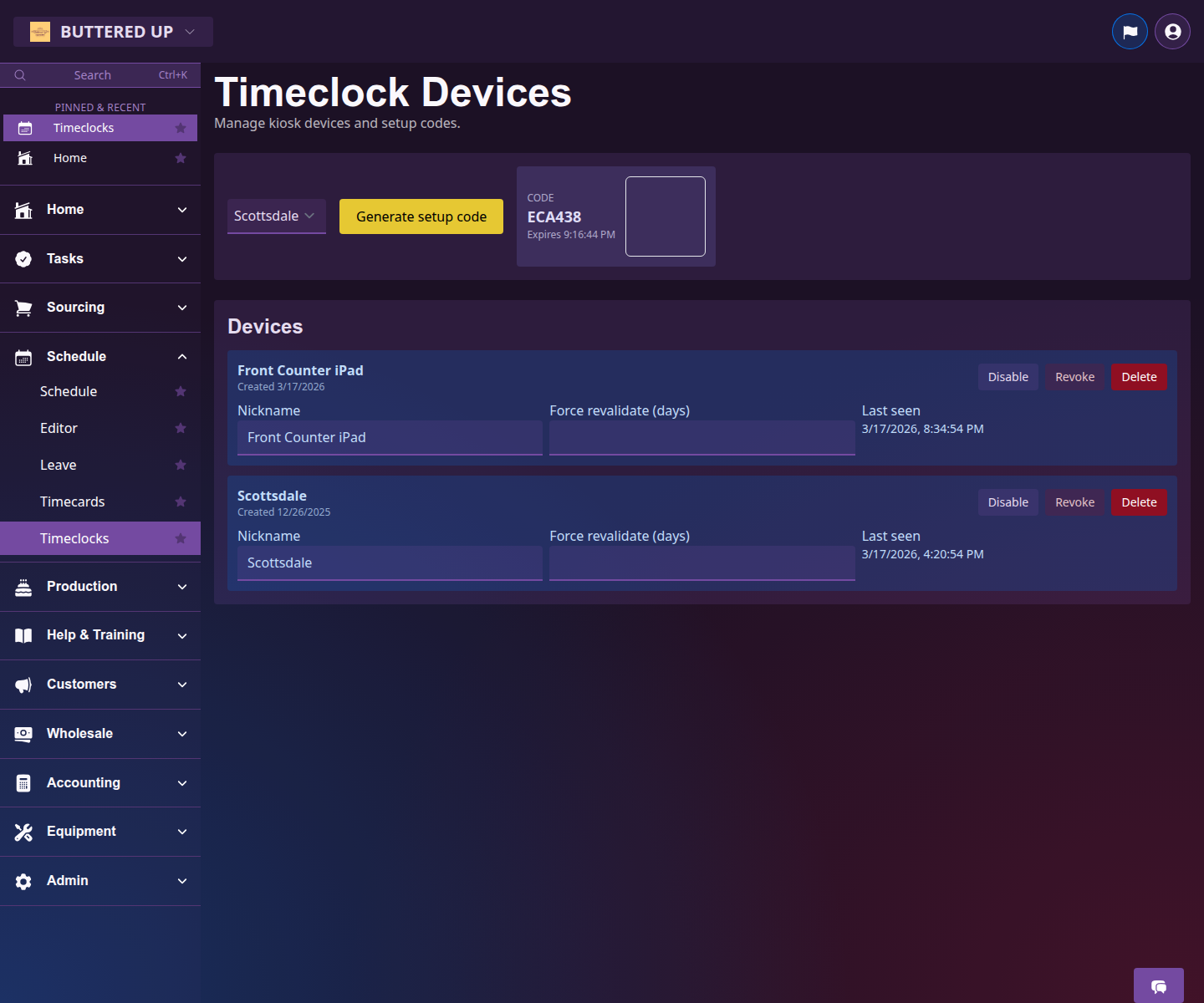 Admin timeclock devices page with the setup code card open
