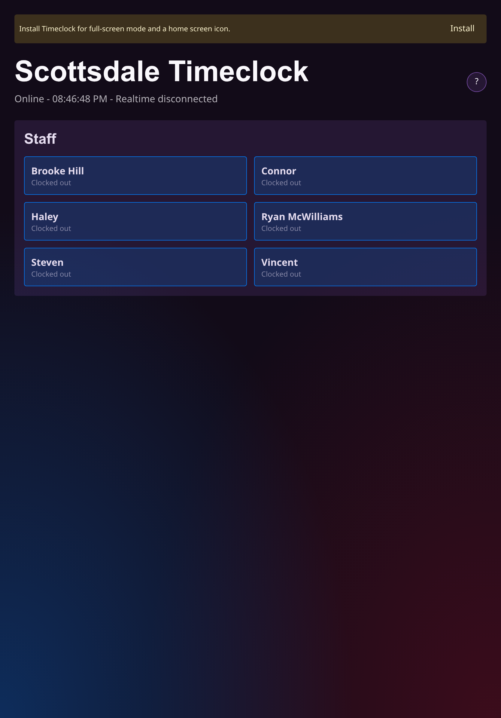 Timeclock home screen with staff cards and help button