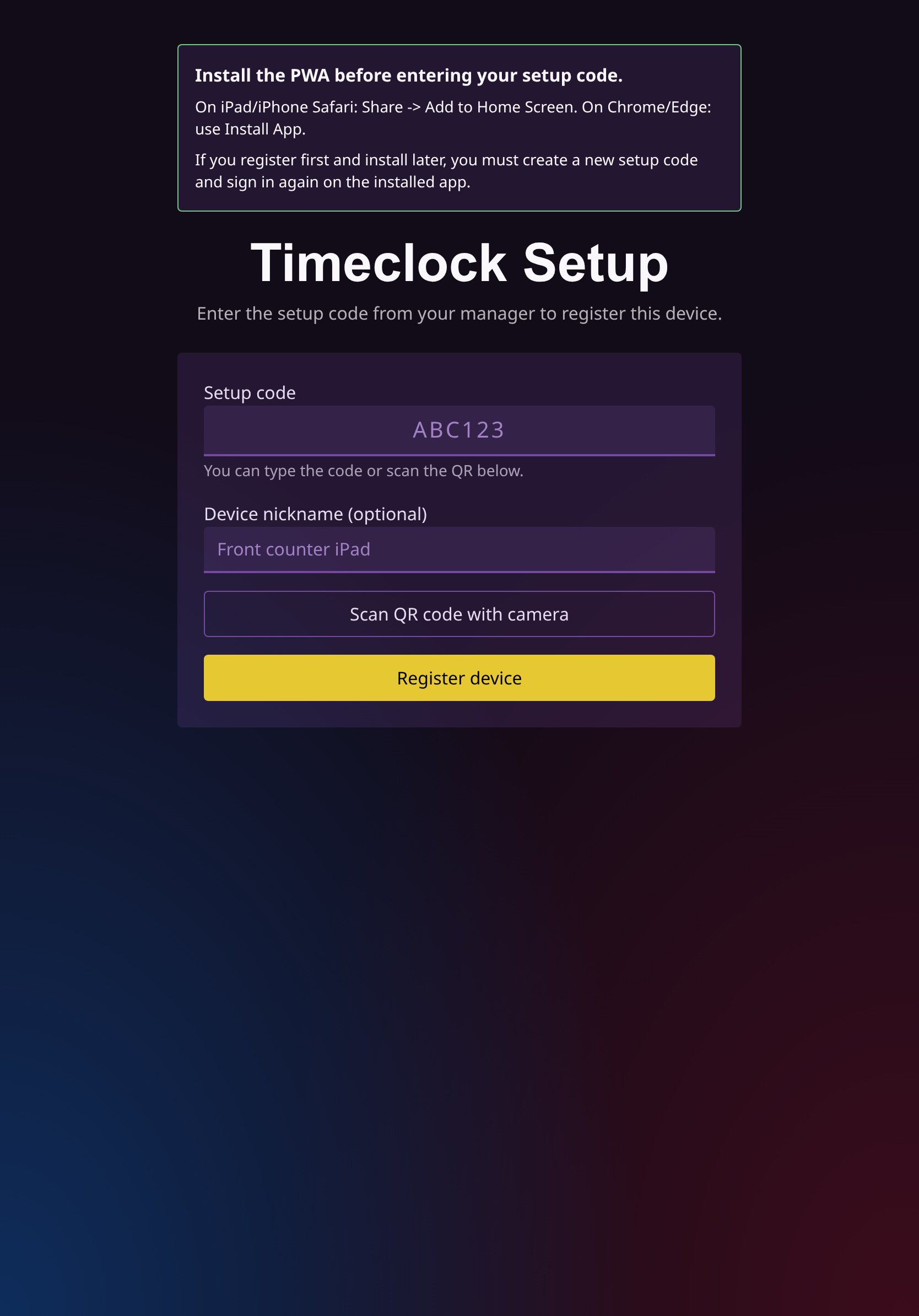Timeclock setup page on a tablet