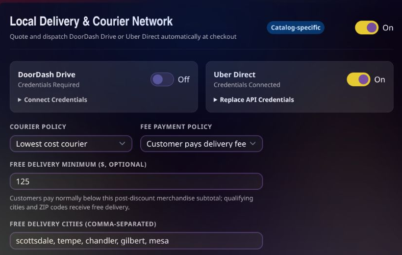 Farin catalog settings showing Uber Direct enabled, customer-paid delivery, and a free delivery minimum