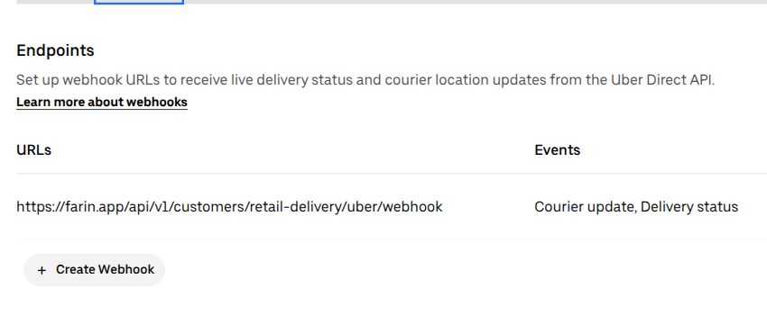 Uber Direct Developer Webhooks page showing the Farin webhook endpoint and delivery events