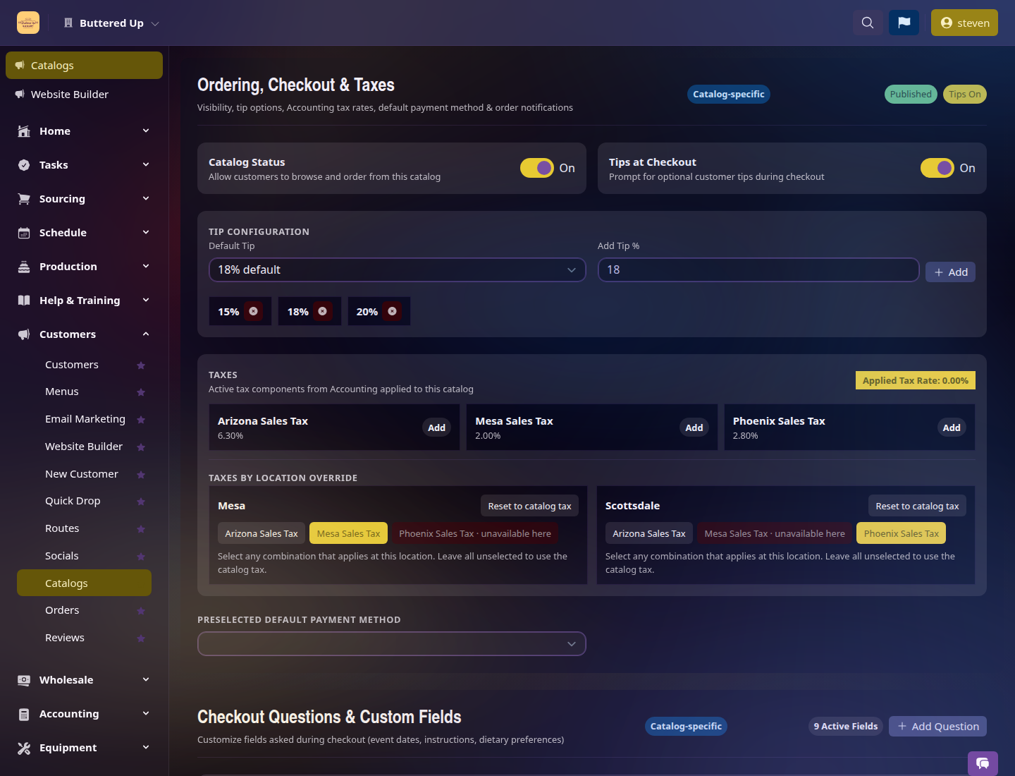 Catalog checkout settings with tips, taxes by location, payment method, and custom checkout fields