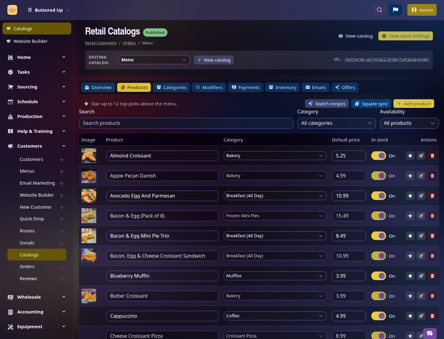 Farin catalog Products tab with Square sync, Add product, filters, and an editable product table