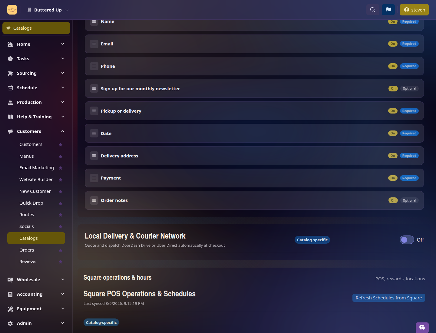 Farin catalog settings with local delivery and expanded Square operations and schedules