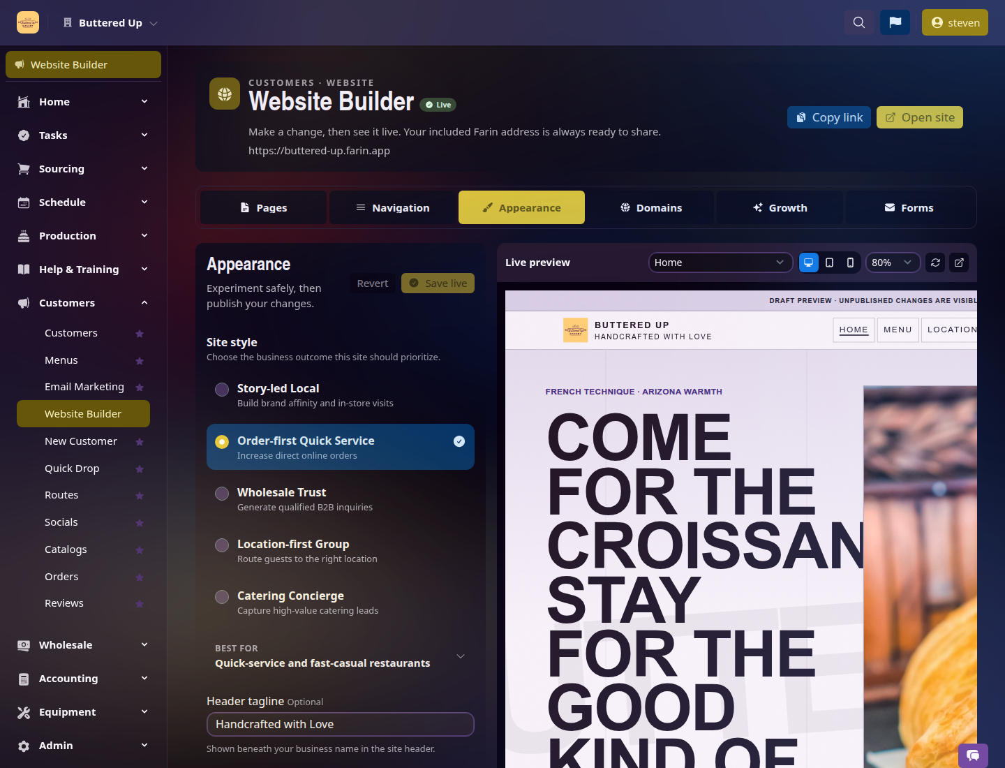 Farin Website Builder Appearance tab with style controls and live preview