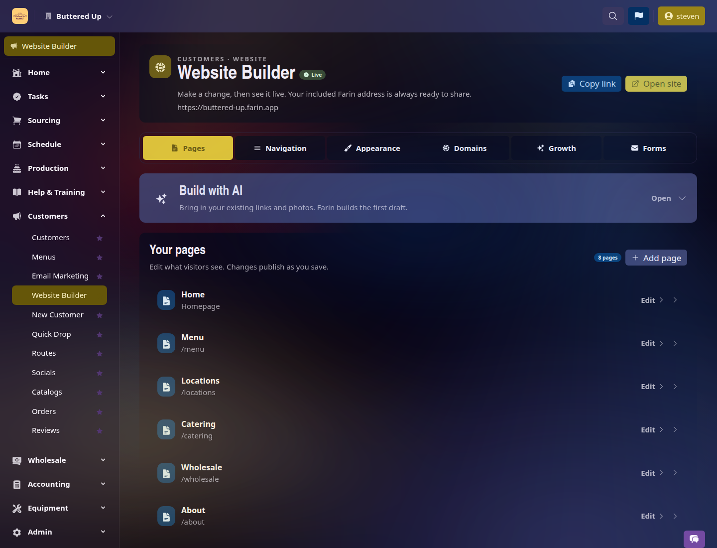 Farin Website Builder Pages view with the closed Build with AI panel and page list