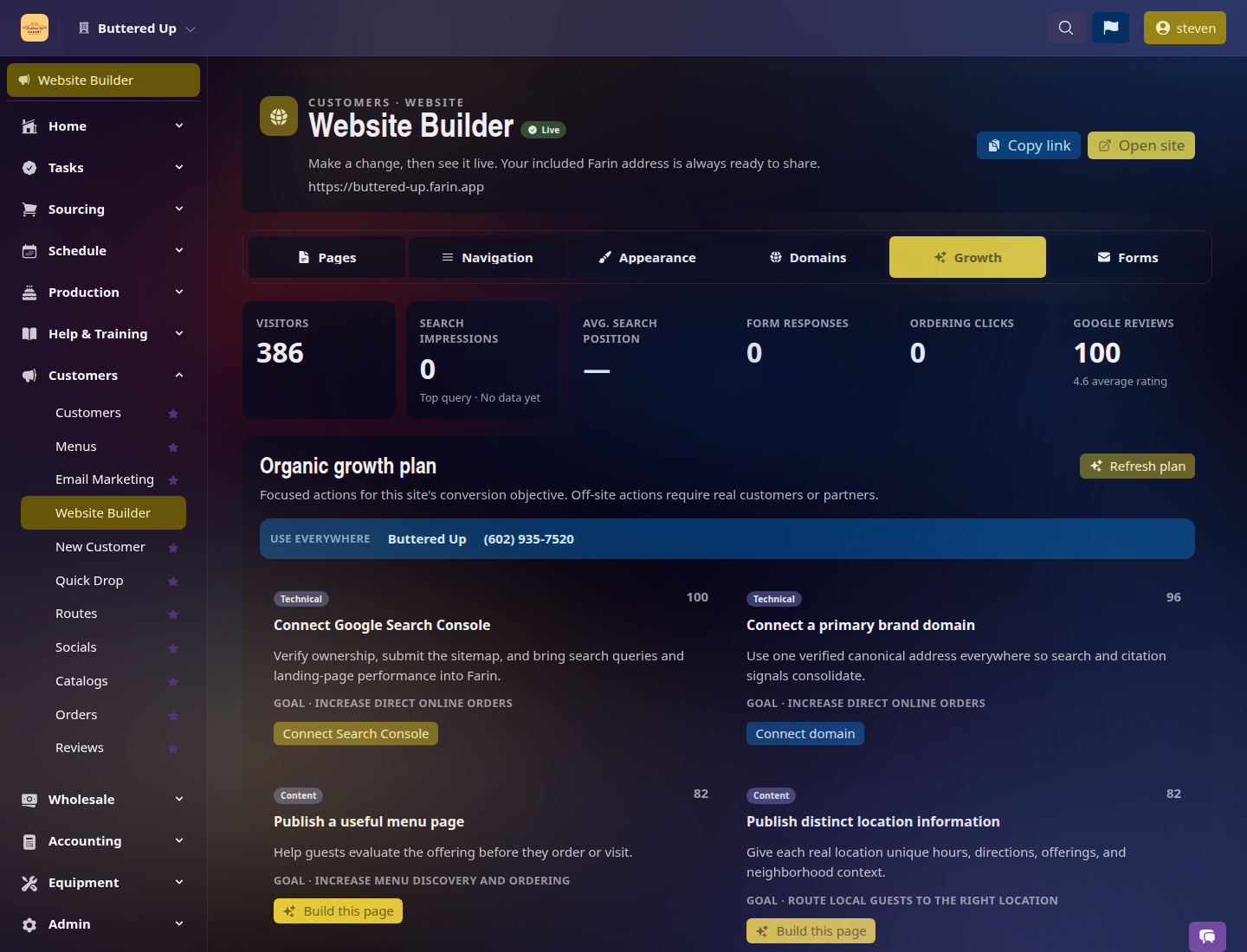 Farin Website Builder Growth tab with site metrics, Search Console, domain, and organic growth actions