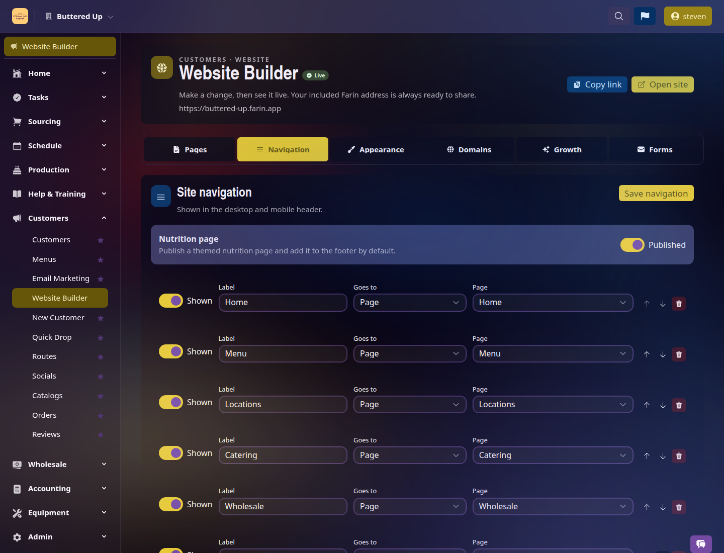 Farin Website Builder Navigation tab with link rows, visibility toggles, destinations, and save control