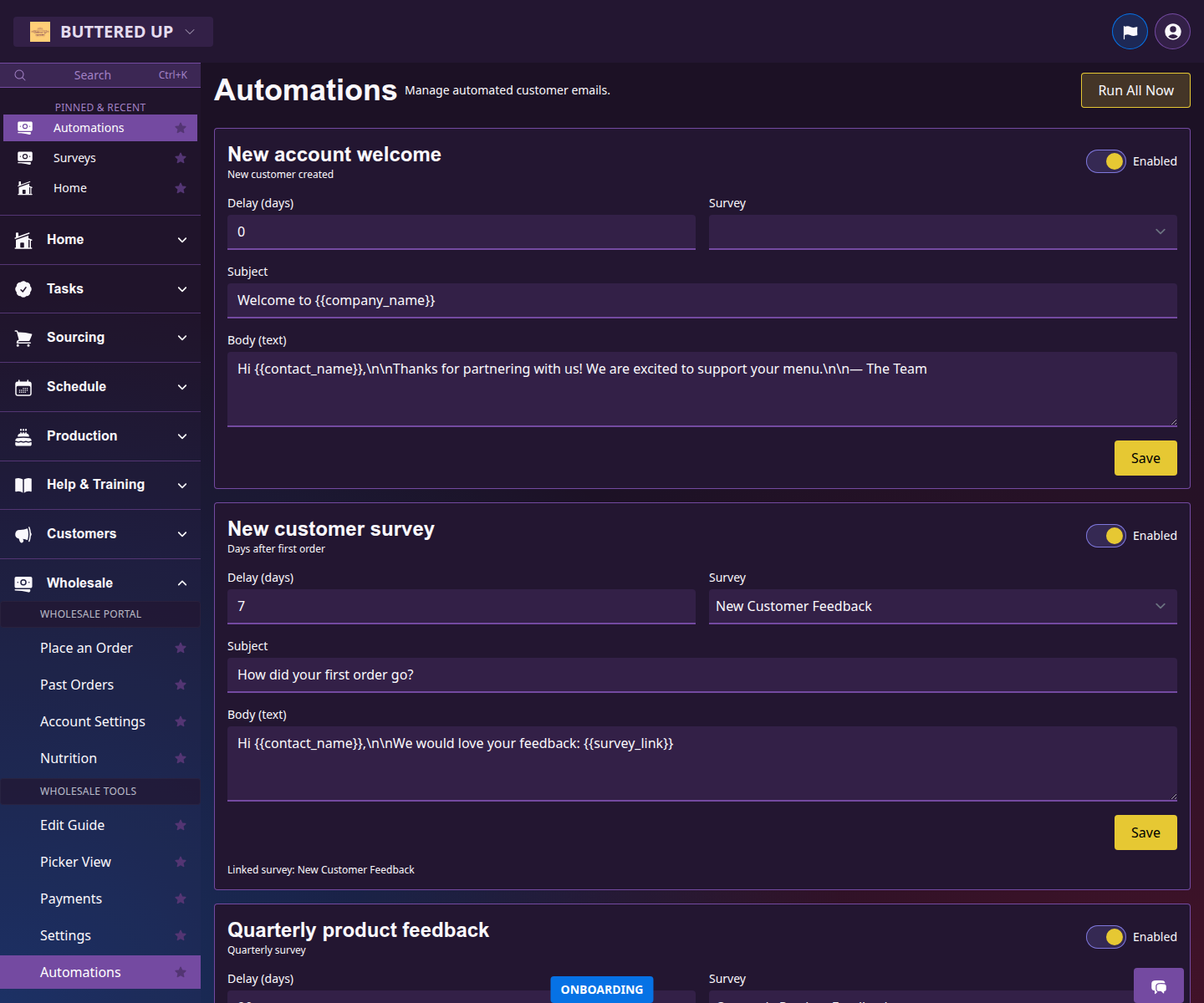 Wholesale automations page with trigger details, linked survey controls, and message fields