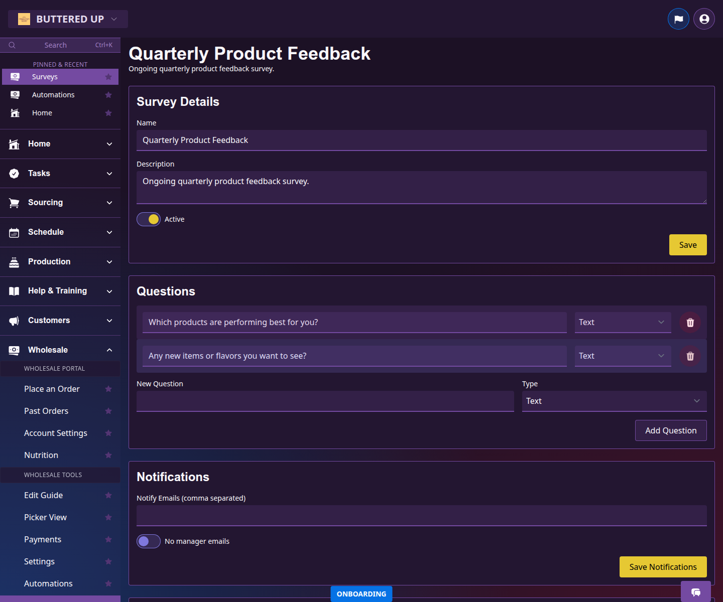 Wholesale survey detail page with survey details, question editor, and notification controls