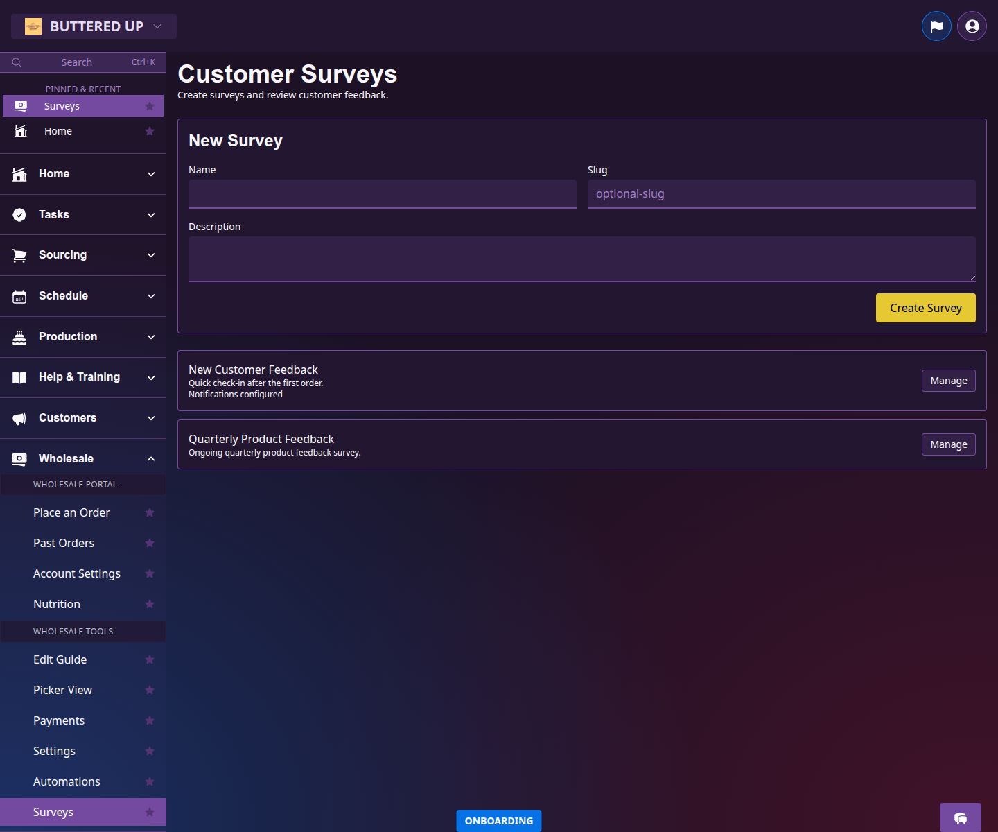 Wholesale surveys page with the new survey form and manage buttons