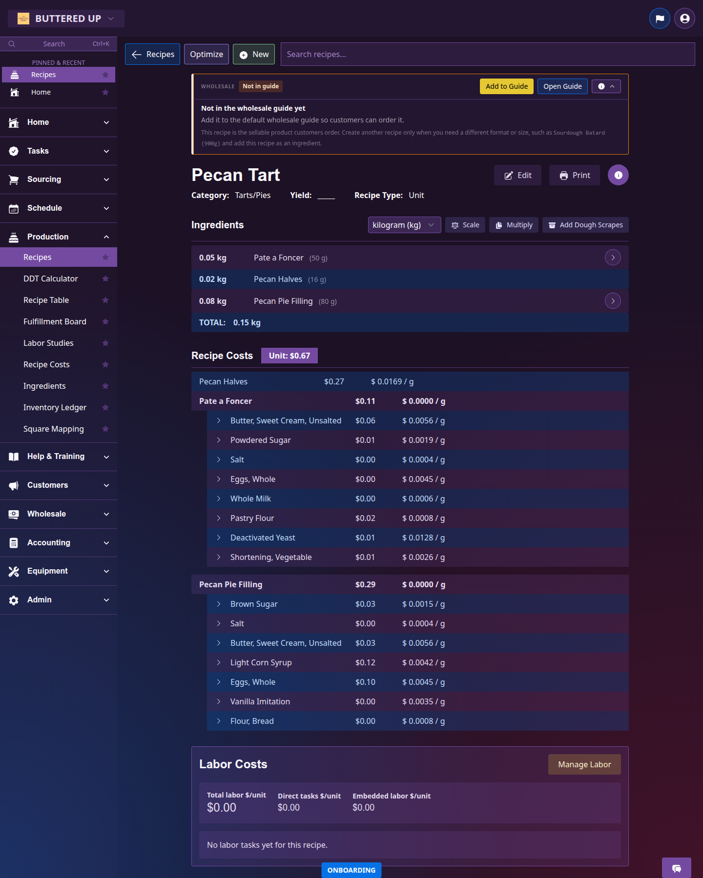 Recipe detail page with wholesale status bar and Add to Guide action