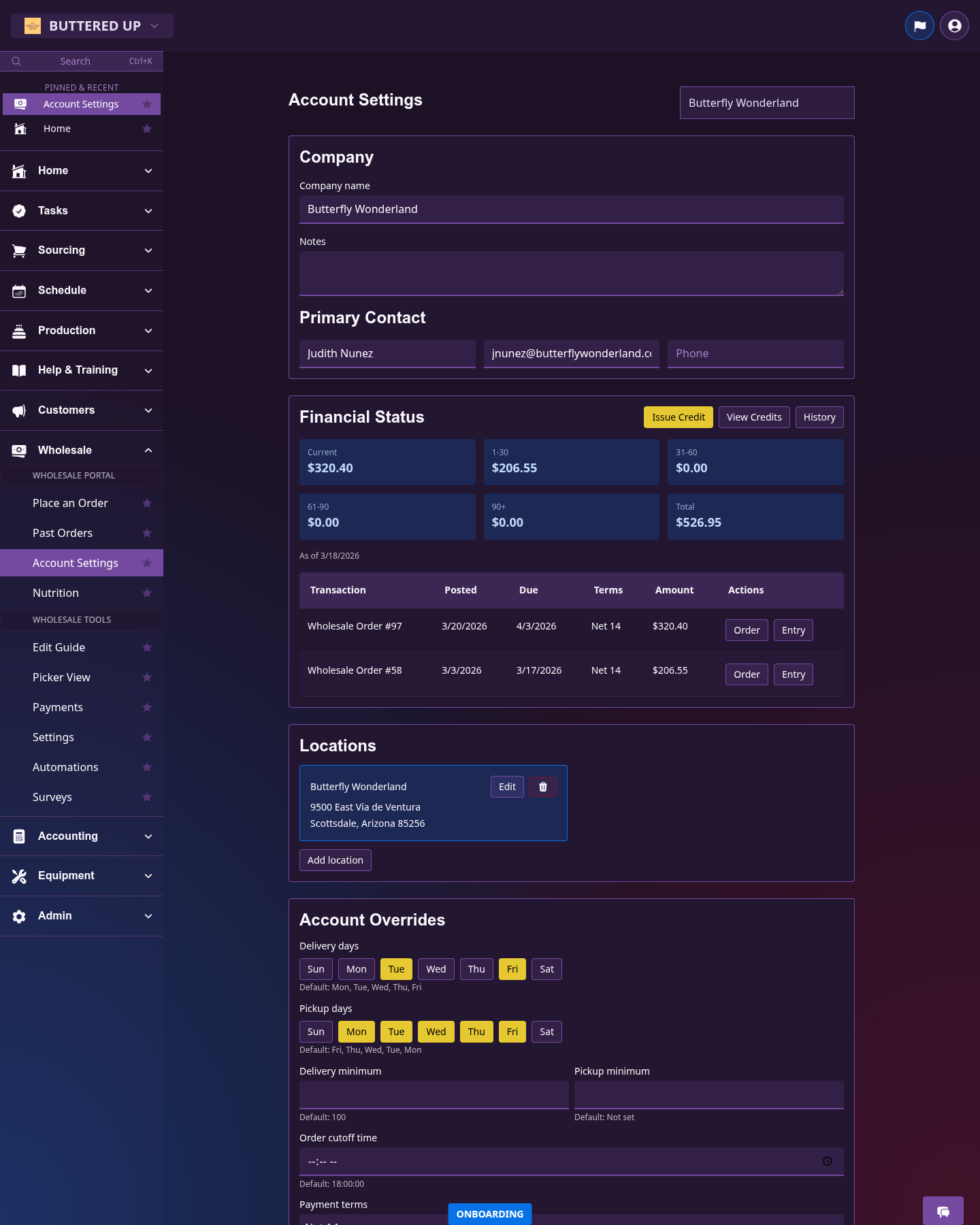 Wholesale account settings page with financial status cards and open transactions
