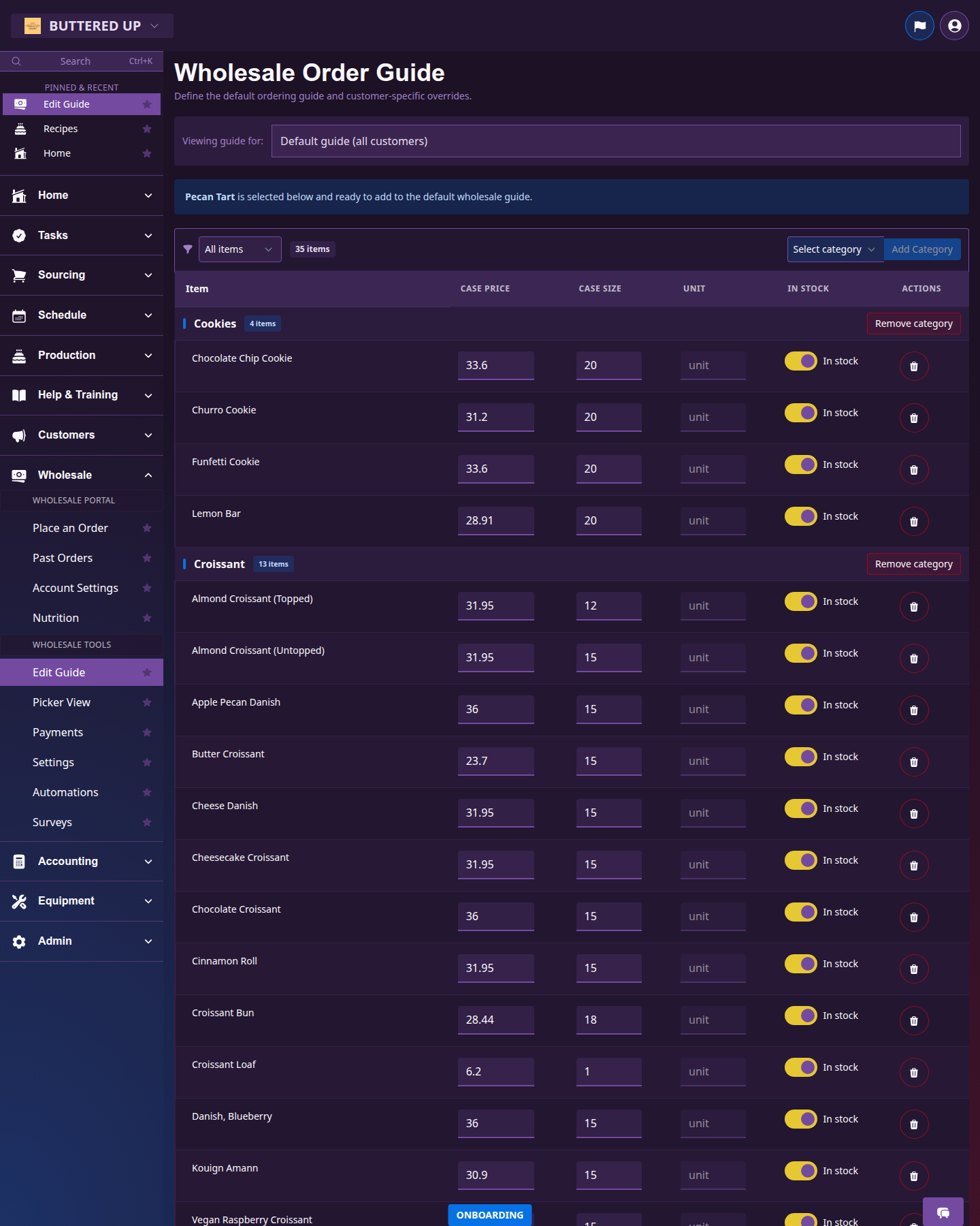 Wholesale guide editor with product rows and customer options