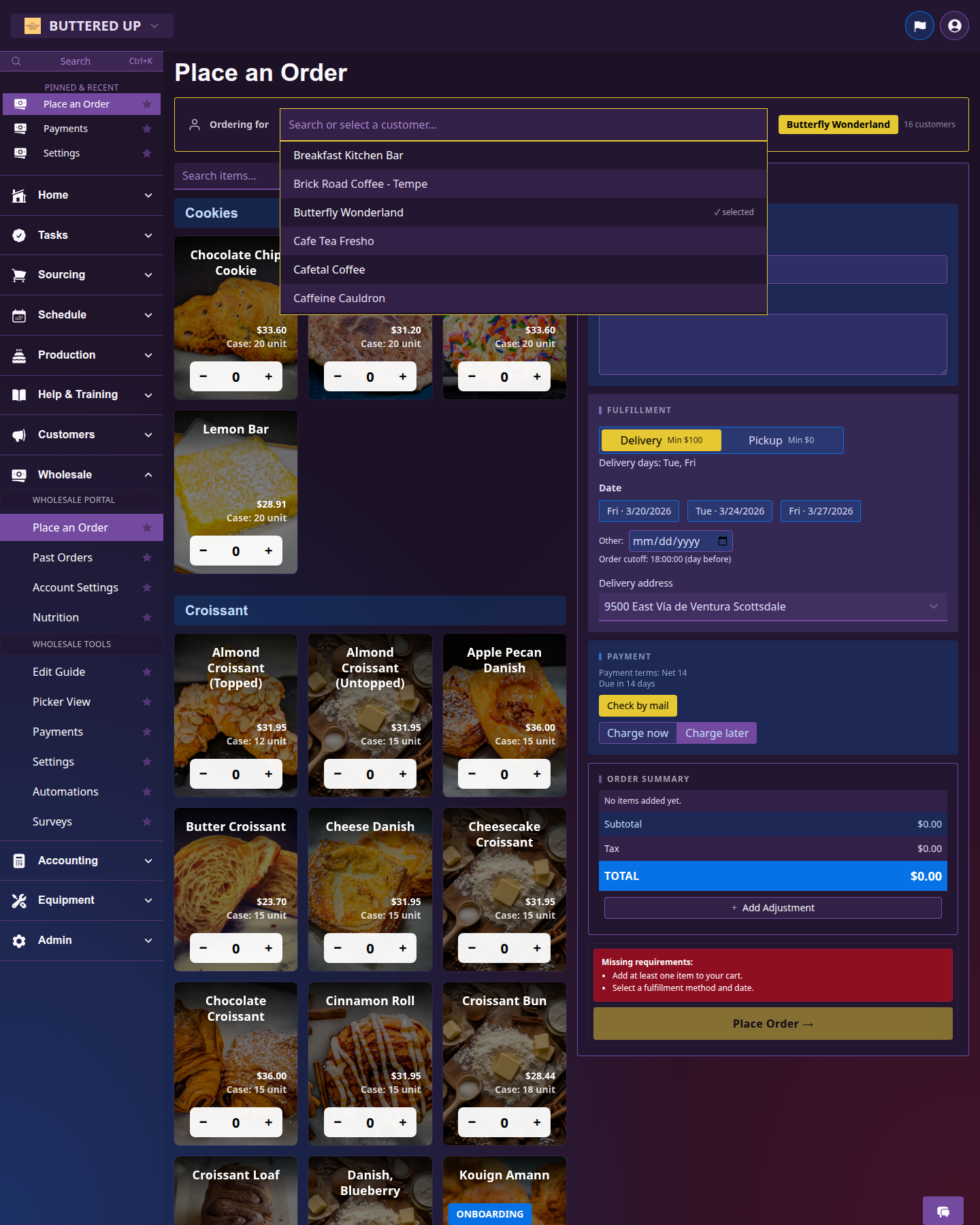 Wholesale order entry screen with customer catalog and order builder