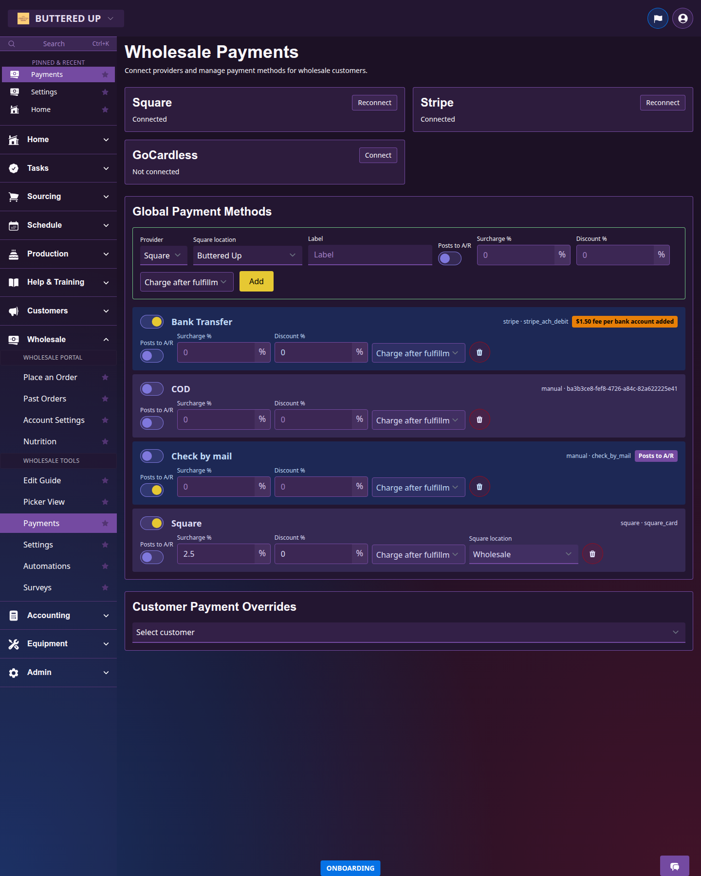 Wholesale Payments page with payment method settings and Posts to A/R controls