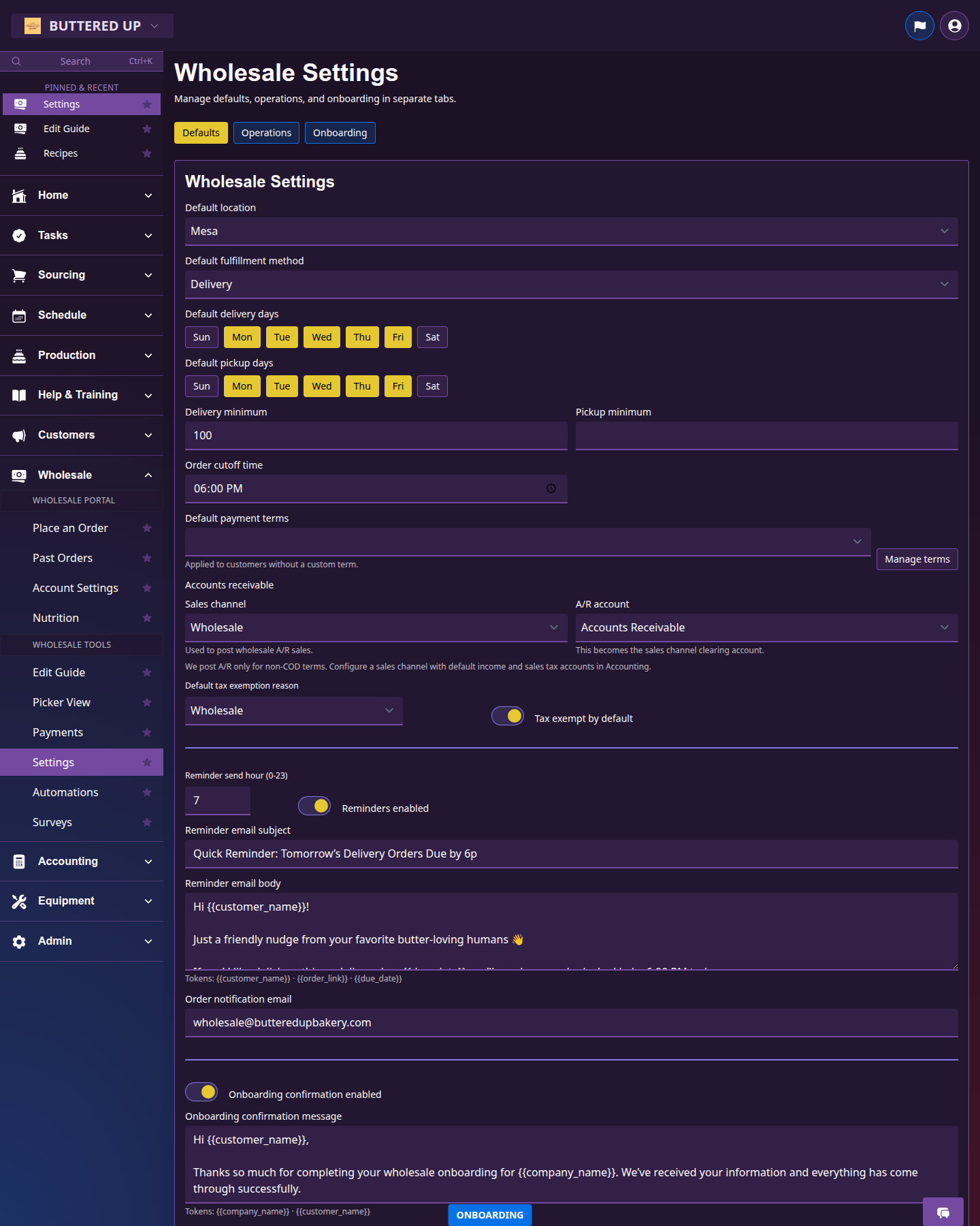 Wholesale Settings page with defaults, payment terms, and accounts receivable controls
