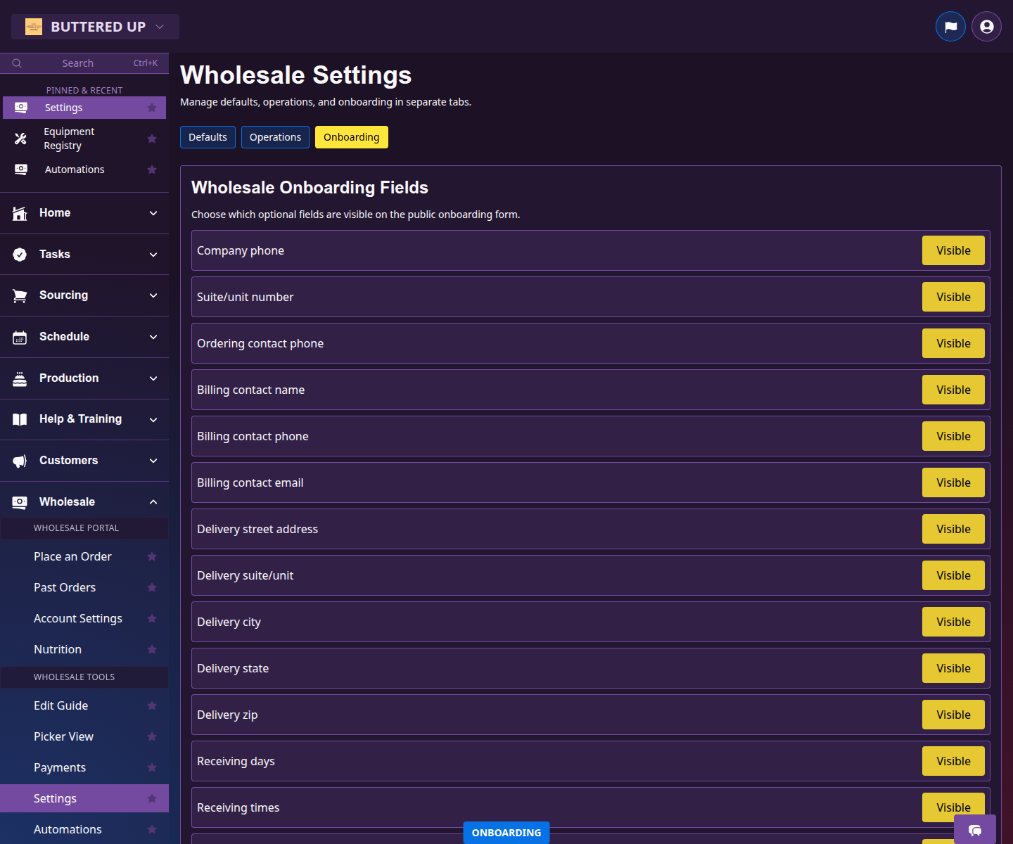 Wholesale Settings onboarding tab with field visibility controls